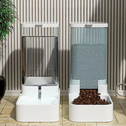 Two modern pet water and food dispensers on a wooden floor with a striped wall background.